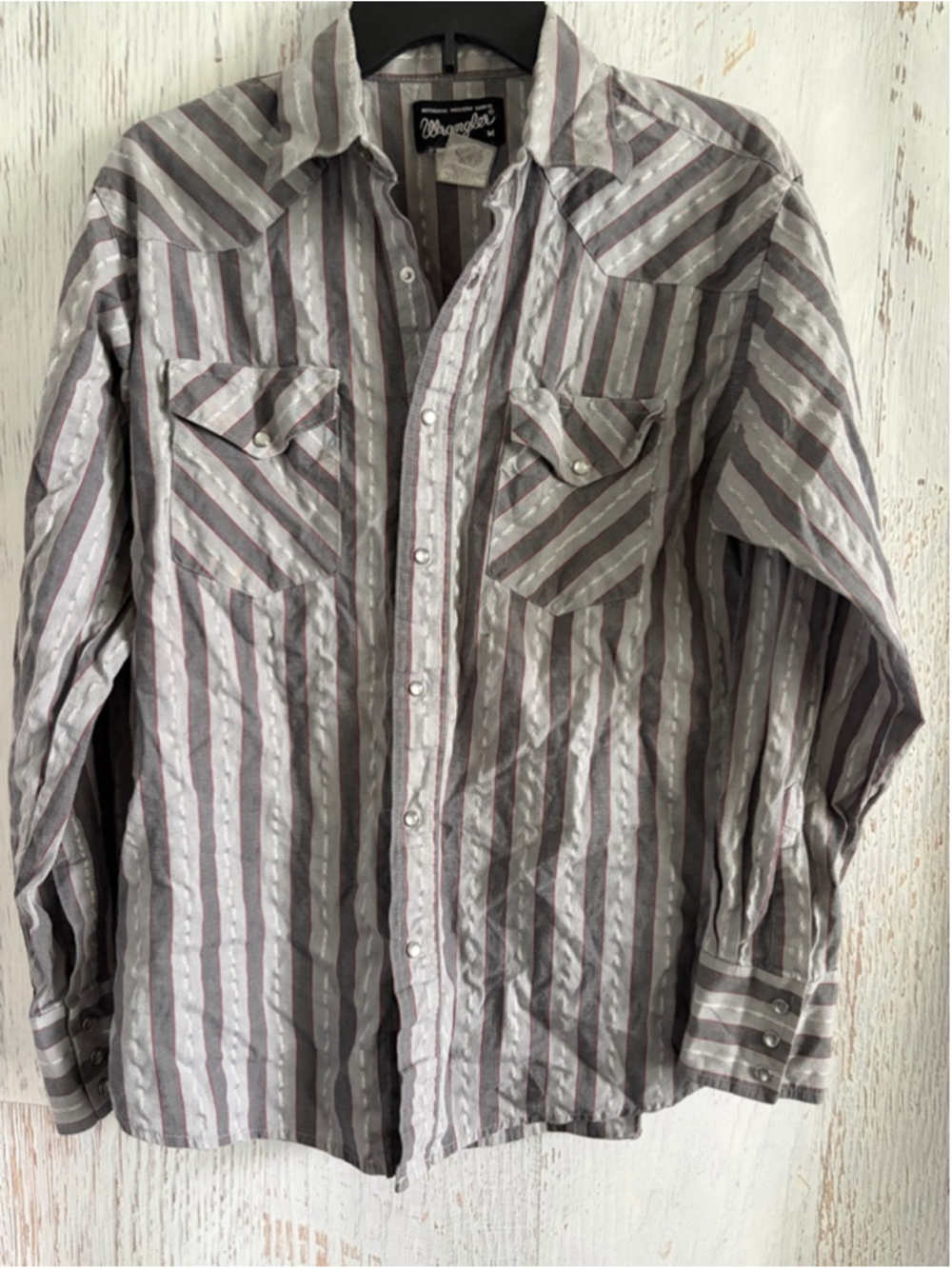 Men's Vintage Wrangler Gray & Red Striped Casual Button Down Shirt M